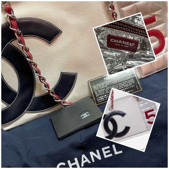 CHANEL No.5 Choco Bar Chain Tote in White Canvas & Silver-Tone Hardware 🔥EUC🔥